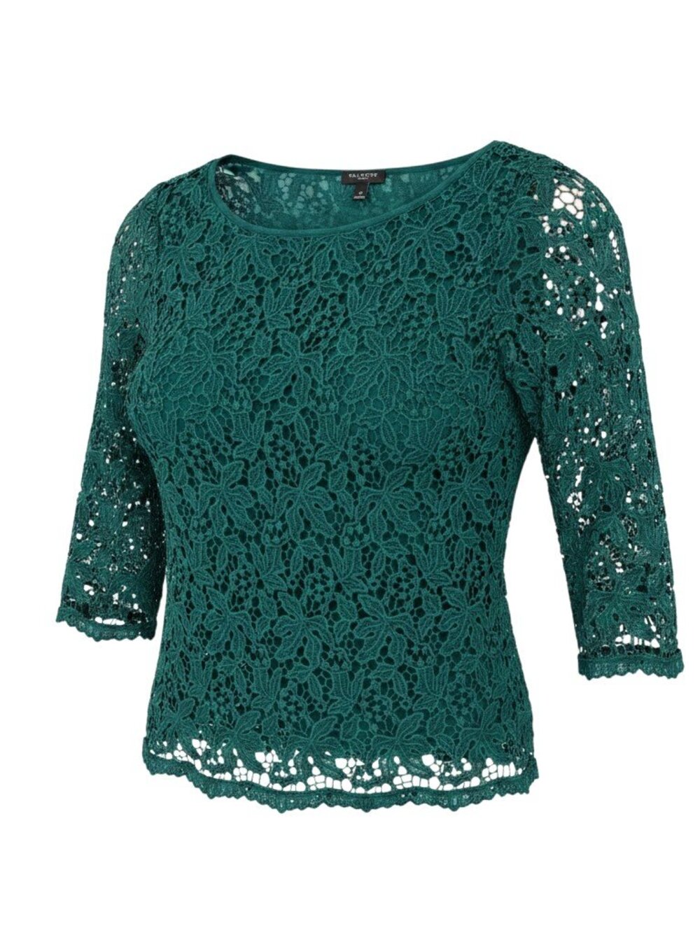 Talbots Petites Crochet Lace Blouse 2P Emerald Green 3/4 Sleeve Lined Cotton EUC